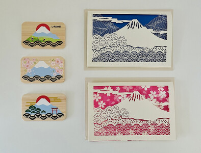 富士山と三保松原を贈る ヒノキのマグネット＆切り絵レターセット（5点入り）□