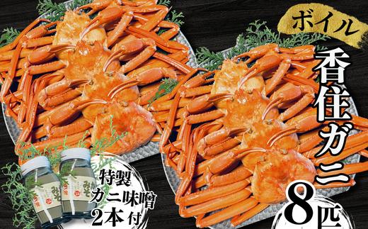【本場香住漁港であがった！香住ガニセット8匹入り 三七十特製カニ味噌2本付 】ご入金確認後、順次発送予定 本場 香住産 厳選 茹で香住ガニ姿 鮮度抜群 釜茹で ふるさと納税 香美町 香住 ゆでガニ むき身 足 爪 かにすき 73,000円 05-11
