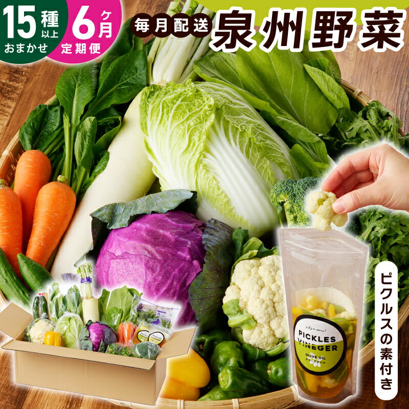 【ふるさと納税】旬の新鮮 野菜セット 15種以上 定期便 全6回 おまかせ ピクルスの素付き ファミリー向け 泉州野菜 旬の野菜 詰め合わせ おやつ おつまみ 毎月発送 お取り寄せ お取り寄せグルメ 大阪府 泉佐野市 送料無料 いずみピクルス NSW