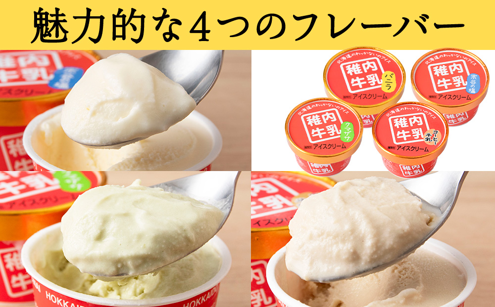 稚内牛乳 アイスクリーム 4種12個セット（バニラ、チョコ、宗谷の塩、稚内産クマザサ）