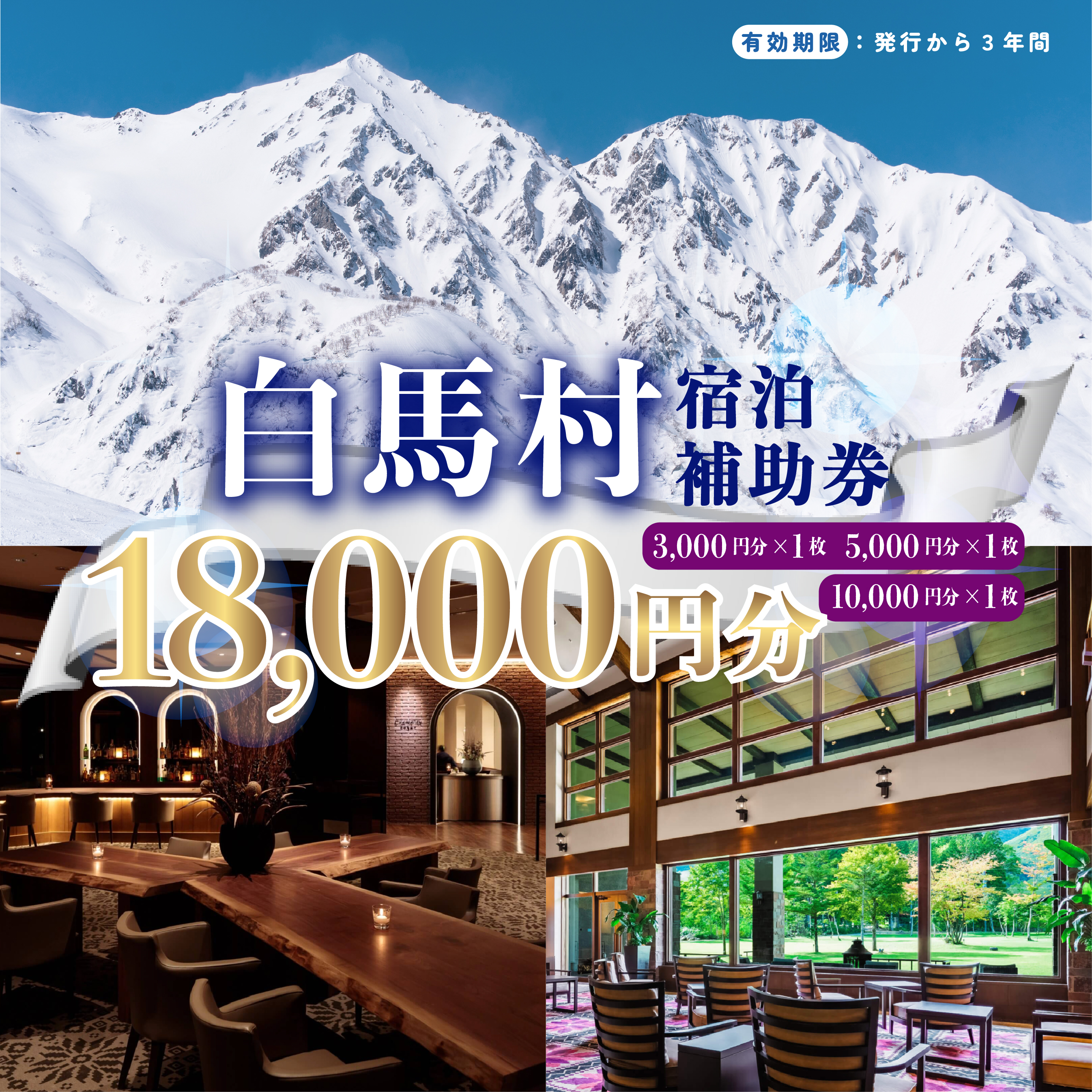 長野県白馬村 宿泊補助券 18,000円分(10,000円分×1枚、5,000円分×1枚、3,000円分×1枚) 宿泊補助券 チケット 補助券 ギフト券 贈答 プレゼント 民宿 旅館 ペンション ホテ