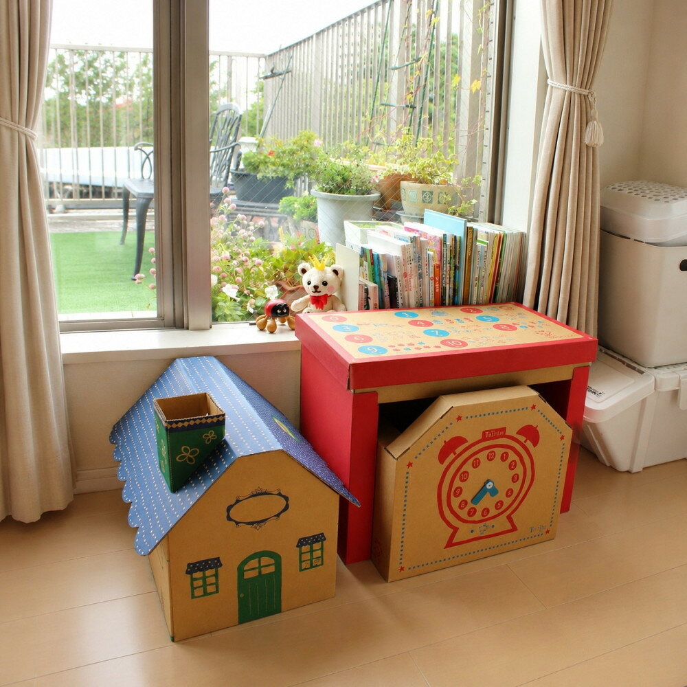 【ふるさと納税】成長に合わせて使える段ボール家具　ジュニアデスクチェア&おうち型収納ボックス◇