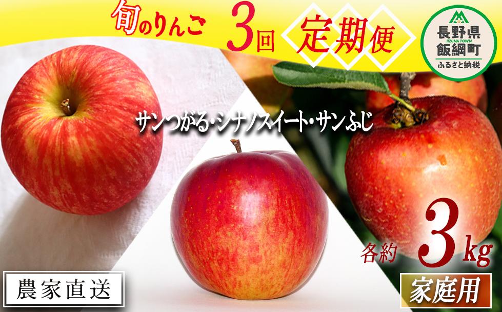 旬のりんご 【 定期便 】 家庭用 3kg × 3回 永野農園 沖縄県への配送不可 2025年9月上旬頃から2025年12月中旬頃まで順次発送予定 令和7年度収穫分 信州 果物 フルーツ リンゴ 林檎 長野 予約 農家直送 長野県 飯綱町 [1316]