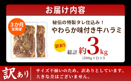 TVで紹介！＜秘伝の特製タレ仕込み！やわらか味付き 牛ハラミ 約1kg（500g×2） 3か月定期便＞ テレビ TV 訳あり はらみ ハラミ 赤身 大容量 牛肉 お肉 焼肉 BBQ 味付き タレ漬け 
