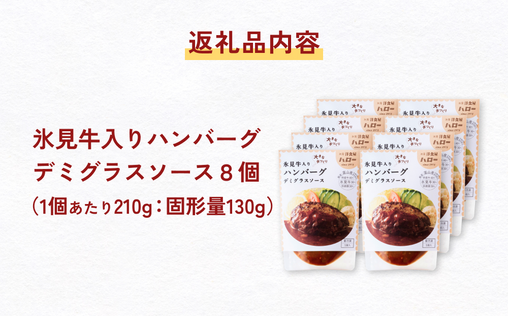氷見牛入りハンバーグ（デミグラスソース） 8個  洋食屋ハロー 富山県 氷見市 ハンバーグ 冷凍 惣菜