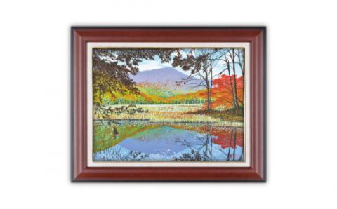 「天池と苗場山」茶額縁【 版画 額付 小川手漉和紙 小暮真望 東松山 埼玉県 】