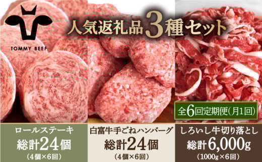 【牧場直送】【6回定期便】人気返礼品詰め合わせ！牛肉100%ふんわりロールステーキ 4個＆白富牛 手ごねハンバーグ 4個＆しろいし牛 切り落とし 1000g【有限会社佐賀セントラル牧場】 [IAH186]
