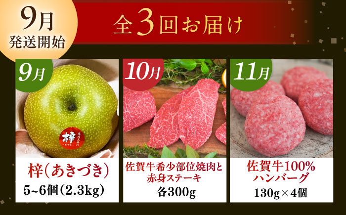【2027年発送分 先行予約】【全3回定期便】梨（あきづき）と佐賀牛定期便 / ステーキ ハンバーグ 事業者横断 / 佐賀県ふるさと納税 [41AAZZ025]