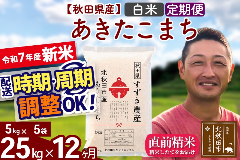 ※令和7年産 新米※《定期便12ヶ月》秋田県産 あきたこまち 25kg【白米】(5kg小分け袋) 2025年産 お届け時期選べる お届け周期調整可能 隔月に調整OK お米 すずき農産|szap-10912