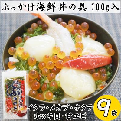 ふるさと納税 宮古市 川秀のぶっかけ海鮮丼の具5種(イクラ、メカブ、ホタテ、ホッキ貝、甘エビ)100g　9袋冷凍セット