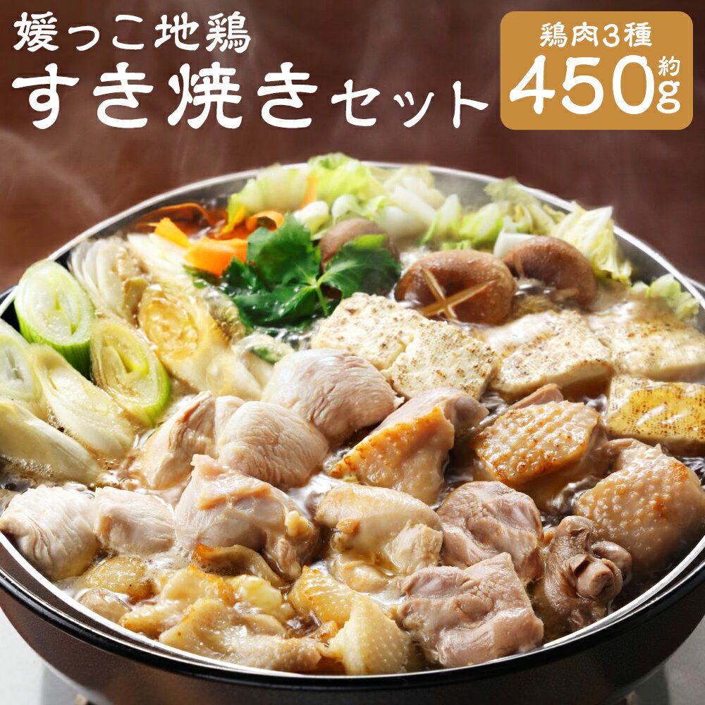 【ふるさと納税】媛っこ地鶏 すき焼き セット 鶏肉3種 約450g 割り下 うどん すきやき 鶏モモ 鶏もも 鶏むね 鶏ムネ 鶏皮 お肉 肉 鶏肉 地鶏 セット 詰め合わせ 惣菜 麺 冷凍 国産 愛媛 愛媛県 送料無料（905）