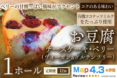 【定期便】お豆腐チーズケーキ・ベリー（ヴィーガン&グルテンフリー）（6号）×1ホール×全12回【ヴィーガンケーキ】ヴィーガンスイーツ 豆腐 動物性不使用 植物性素材 プラントベースフード ヘルシースイーツ 冷凍スイーツ 手作り ご褒美 ギフト 贈答用 プレゼント 埼玉県 加須市