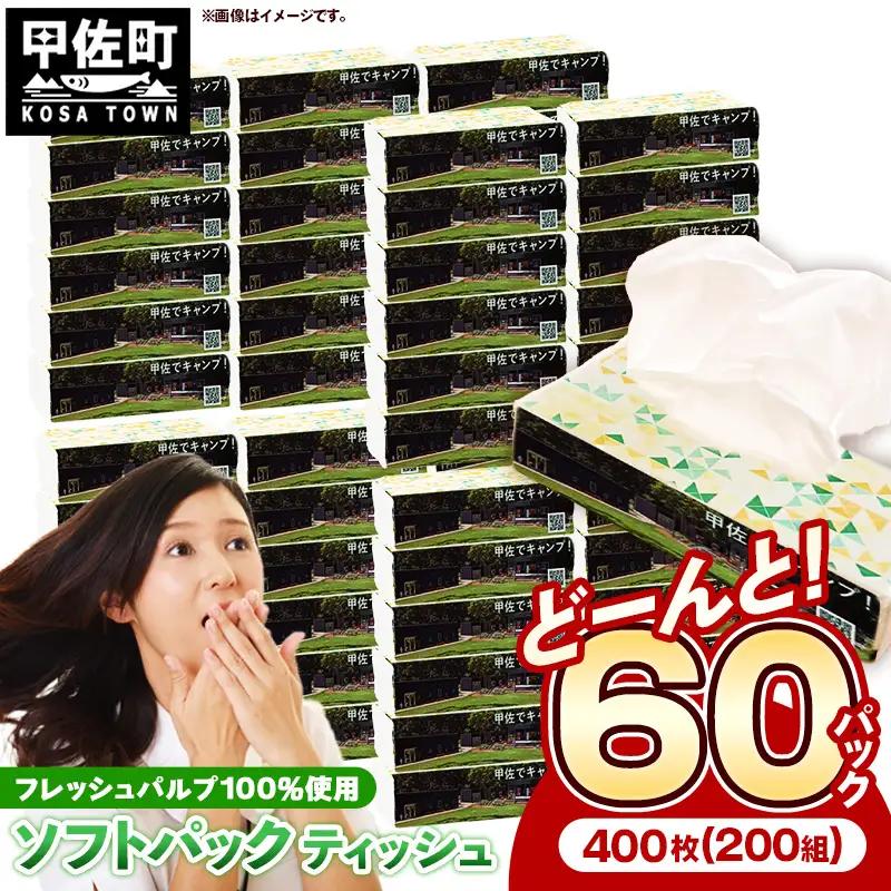ティッシュペーパーソフトパック　４００枚（２００組）６０パック -  ティッシュ ペーパー 日用品  備蓄 防災 ストック 熊本県 甲佐町【ZC】【価格改定XA】