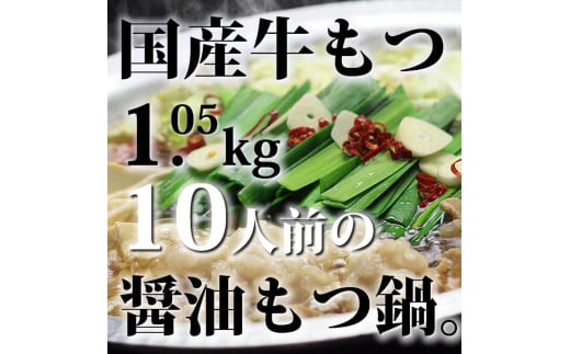 国産牛もつ1kgオーバー！九州醤油もつ鍋10人前[牛もつ1.05kg／九州醤油スープ付]【もつ鍋 もつなべ 鍋 なべ もつ 鍋セット 鍋料理 牛もつ ホルモン ほるもん ホルモン鍋 冷凍 国産 人気 福岡 土産 九州 博多 ご当地 福岡県 大任町 AP051】