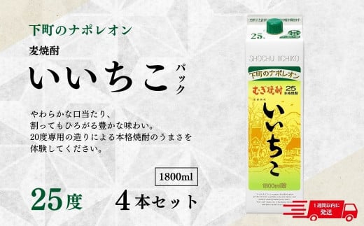 いいちこ 25度 パック(計7.2L・1.8L×4本)酒 お酒 むぎ焼酎 1800ml 麦焼酎 常温 いいちこ 三和酒類 紙パック【107302300】【時枝酒店】