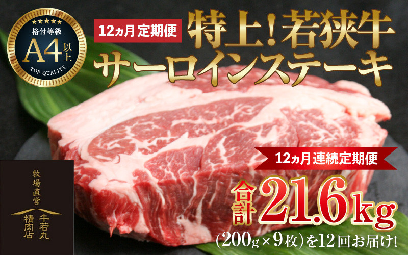 
【定期便 全12回】特上！若狭牛サーロインステーキ 200g×9枚 ／ ステーキ ステーキ肉 A4 A5 200g サーロイン サーロインステーキ 国産 若狭牛 牛肉
