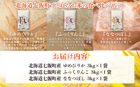 令和7年産（2025年産） 北海道七飯町産米食べ比べセット3kg×3 NAAQ009