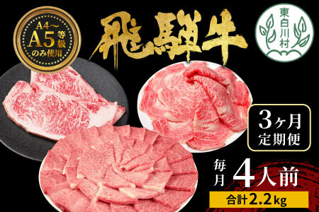 飛騨牛 定期便 全3回 計2.2kg 4人前 すき焼き しゃぶしゃぶ ステーキ 焼肉 BBQ ロース カタロース ロースステーキ サーロインステーキ モモ カタ 贅沢 贈り物 3ヶ月 定期 おすすめ 人気 飛騨 ブランド牛 肉のひぐち