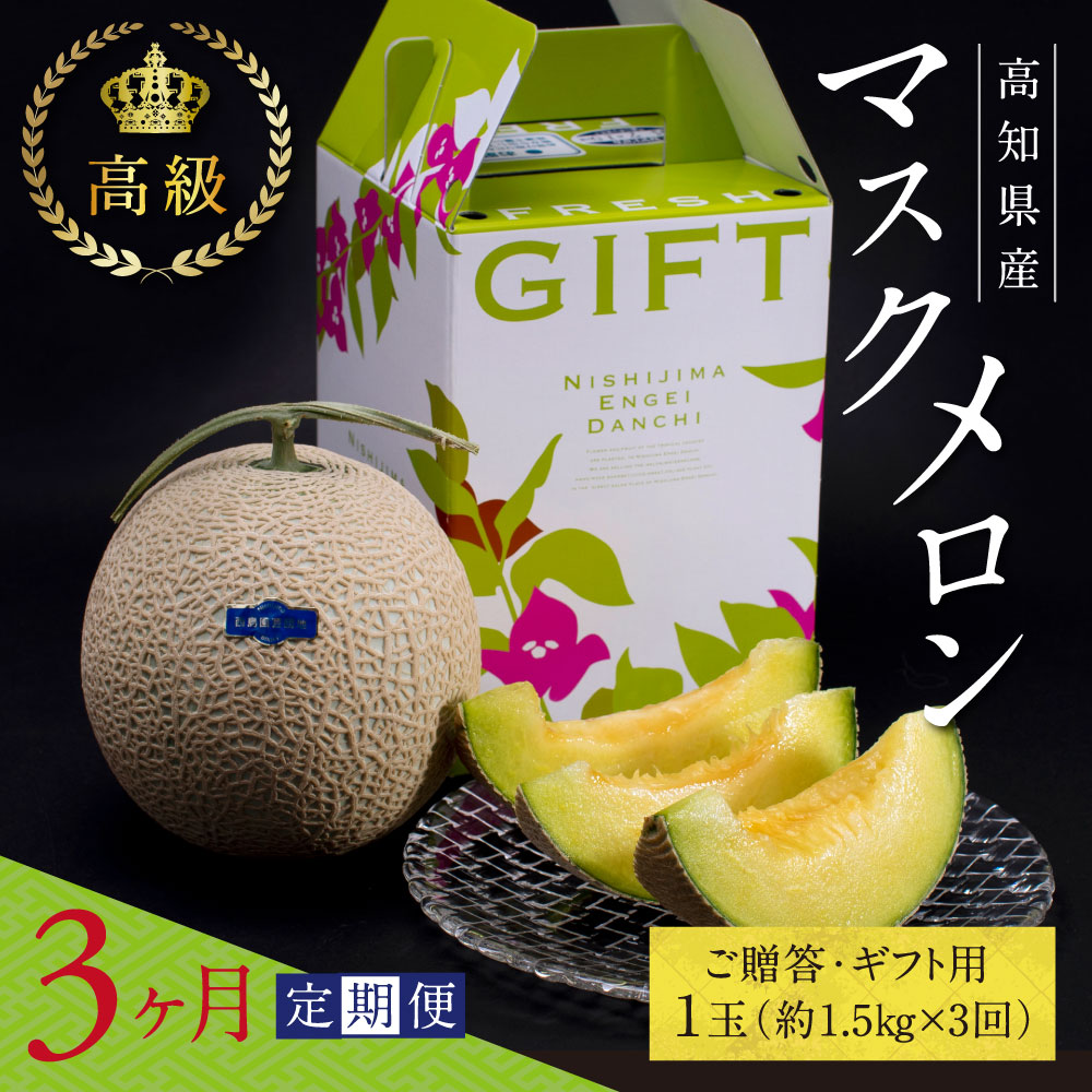 【CF-R7hbk】t062sks　《3ヶ月定期便》高知県産 高級マスクメロン（ご贈答・ギフト用）1玉入 【発送期間：4月～12月（9カ月）】【1月～3月は気候温度不安定の為出荷不可となります。】〈南国市共通返礼品〉