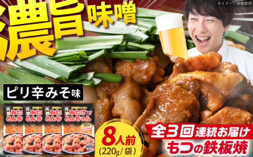 【3回定期便】岐阜県産豚もつの鉄板焼き「元祖みたけとんちゃん」ピリ辛みそ味（8人前） / モツ もつ 白もつ ホルモン / 御嵩町 / 藤よし [AVAA027]