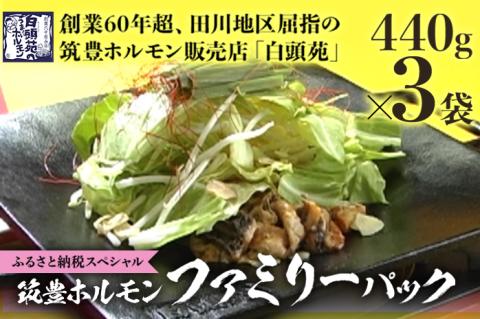 ふるさと納税限定仕様　ファミリーパック　【味付ホルモン440ｇ×③、自家製　煮込タレ③、つけタレ①】