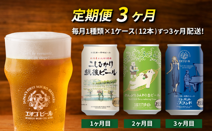 
【定期便3ヶ月】エチゴビール【1ヶ月目】こしひかり越後ビール350ml缶×12本【2ヶ月目】のんびりふんわり白ビール350ml缶×12本【3ヶ月目】エレガントブロンド350ml缶×12本
