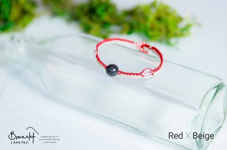 富士山溶岩ブレスレット（ワックスコード）【2色ミックス】【レッド/ベージュ】～Lava Fuji Bracelet～ ジュエリー