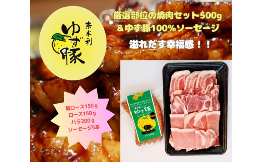 112003　【高知のブランド豚/ゆず豚】厳選部位の焼肉セット500ｇ＋ソーセージ5本入り