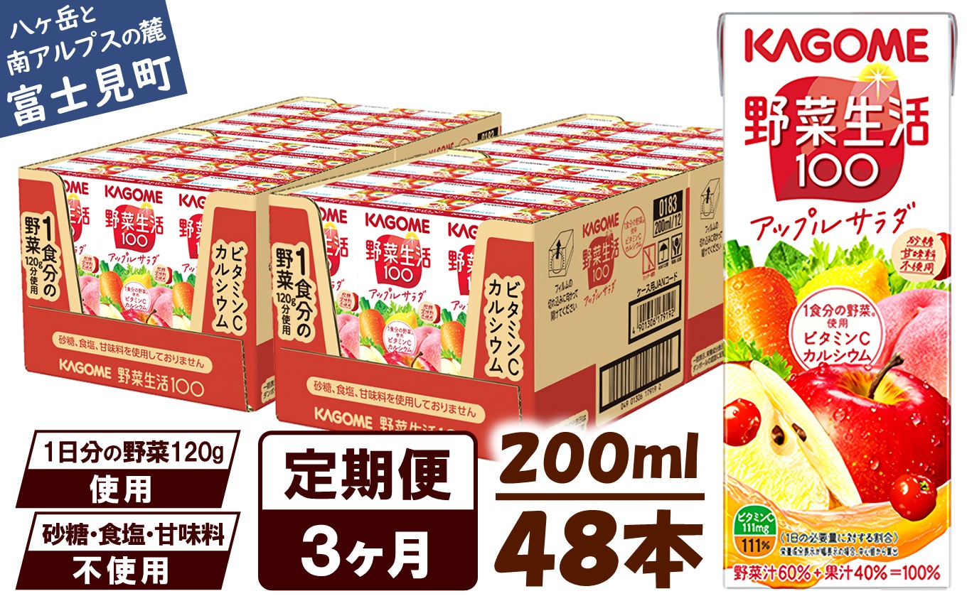 【 定期便 3ヶ月連続お届け】カゴメ 野菜生活100 アップルサラダ 200ml×48本 ジュース 野菜 果実ミックスジュース 果汁飲料 紙パック 砂糖不使用 1食分の野菜 カルシウム ビタミンA ビタミンC にんじん汁 飲料類 ドリンク 野菜ドリンク 備蓄 長期保存 防災 飲みもの