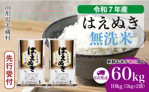 ＜令和7年産米先行受付＞ 大蔵村産 はえぬき 【無洗米】 定期便 60kg （10kg×1ヶ月間隔で6回お届け）＜配送時期選べます＞