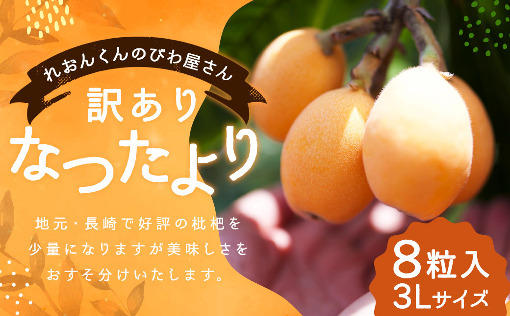 
            【訳あり】長崎産 茂木びわ「なつたより」3L（8粒入り）【2025年5月上旬～6月下旬迄発送予定】 ／ びわ 枇杷 果物 フルーツ 食品 九州 訳アリ わけあり 理由あり 長崎県 長崎市 常温
          