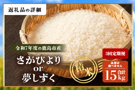 【3回定期便】令和7年産 鹿島市産 [さがびよりor夢しずく] 5kg 1袋 ×3ヶ月【品種指定不可】 玄米 精米　F-92