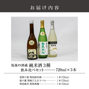≪地場産くるめオリジナル≫筑後の酒藏 特別純米酒 3種飲み比べセット（720ml×3本）_純米酒 飲み比べ 720ml × 3本 セット 筑後の地酒 筑紫の誉 庭のうぐいす だるまラベル 比翼鶴 耶馬