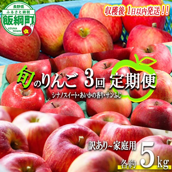 【ふるさと納税】 採れたてりんご 【 定期便 】 旬の3品種 5kg × 3回 訳あり 〜 家庭用 フレッシュフルーツ ミカズキ 沖縄県への配送不可 〔 果物 フルーツ 林檎 長野 予約 農家直送 5キロ 定期便 〕【令和8年度収穫分】 発送：2026年10月中旬〜