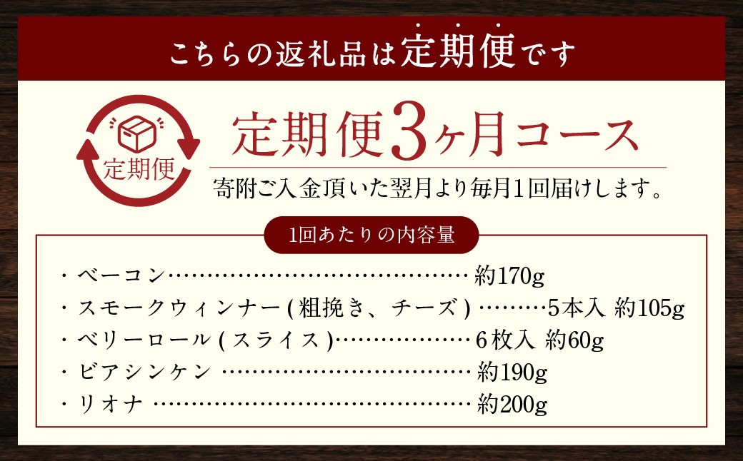 【全3回定期便】家族ワクワクセット ( ベーコン・スモークウィンナー2種・ベリーロール・ビアシンケン・リオナ )