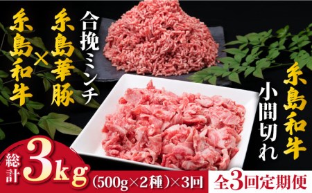 【全3回定期便】糸島和牛 小間切れ 500g ＆ 糸島和牛 糸島豚 合挽ミンチ 500g 合計1kg 糸島市/糸島ミートデリ工房[ACA237]