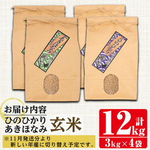 i867-B　食べ比べセット 玄米 (あきほなみ・ひのひかり / 各種3kg×2袋・計4袋・12kg)【田上商店】