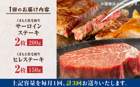 【3回定期便】くまもと黒毛和牛 ステーキ食べ比べ ヒレステーキ×2枚 サーロインステーキ×2枚【馬刺しの郷 民守】 食べ比べセット ヒレ サーロイン ステーキ  [ZBL058]