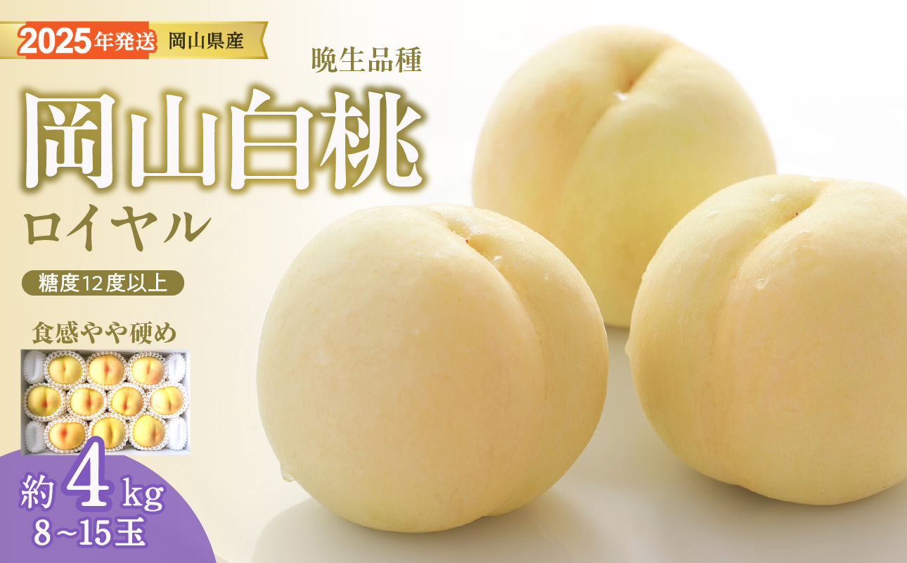 【2025年発送分 先行受付スタート】岡山県産 白桃（晩生種） 最高ランク！ロイヤル約4kg 8～15玉（令和７年8月以降発送）
