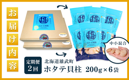 【定期便2回】　北海道雄武町産ほたて貝柱 中小混合 200g×6 (冷凍) 使い切りパック【07141】