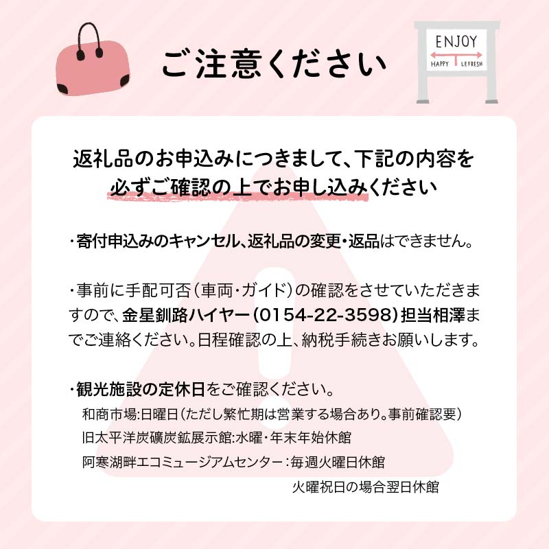 【期間限定！寄附額改定↓！】釧路市在住観光クリエーター　原田カーナさんがご案内する釧路市タクシー観光プラン　釧路市内満喫コース（普通車） F4F-5955