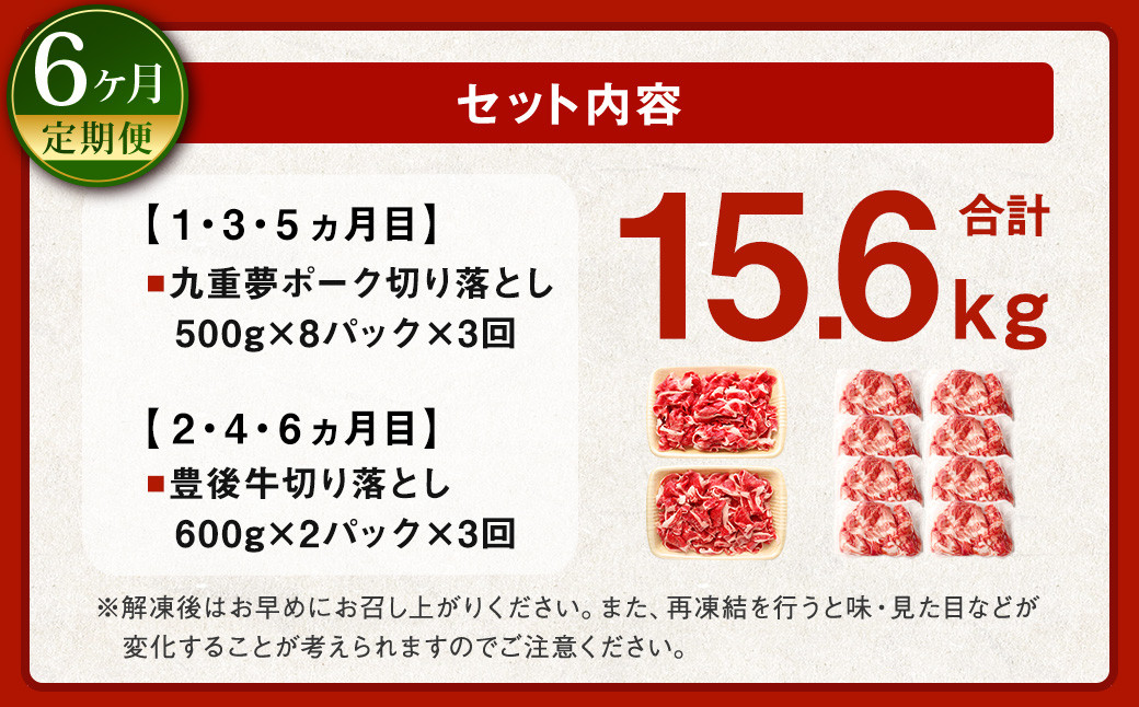 【6ヶ月定期便】交互に届く 九重 夢ポーク ・ 豊後牛 切り落とし 6回 計15.6kg 定期便 豚肉 牛肉 大分県産 国産