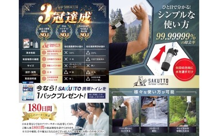 【10個口】 SAKUTTO 携帯浄水器 （アウトドア向けデザイン） 500個セット 日本正規品 登山用品 登山 浄水器 アウトドア キャンプ用品 サバイバル 防災グッズ 防災 災害対策 福岡県 北九