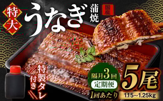 【隔月3回定期便】国産 うなぎ 蒲焼 5尾 （1.15kg～1.25kg）と 特製 タレ 5個 セット｜  鰻 国産うなぎ 蒲焼き かば焼き うな重 ひつまぶし ウナギ タレ付き 冷凍 定期便 大阪府 阪南市