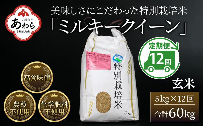 
【先行予約】【令和6年産】 《定期便12回》 ミルキークイーン 玄米 5kg （計60kg） 特別栽培米 農薬不使用 化学肥料不使用 ／ 高品質 鮮度抜群 福井県産 ブランド米 新米 ※2024年10月上旬以降順次発送
