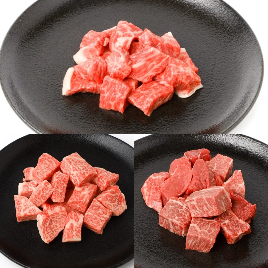 ＜大道精肉店＞A5等級「伊賀牛」サイコロステーキ用3種セット（ヒレ・サーロイン・イチボ）2パック（計600g）