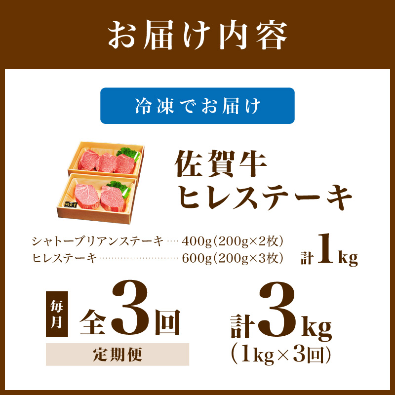 佐賀牛 シャトーブリアンステーキ400g（200g×2枚） ヒレステーキ600g（200g×3枚）合計１㎏ 全３回 定期便 999-J1434