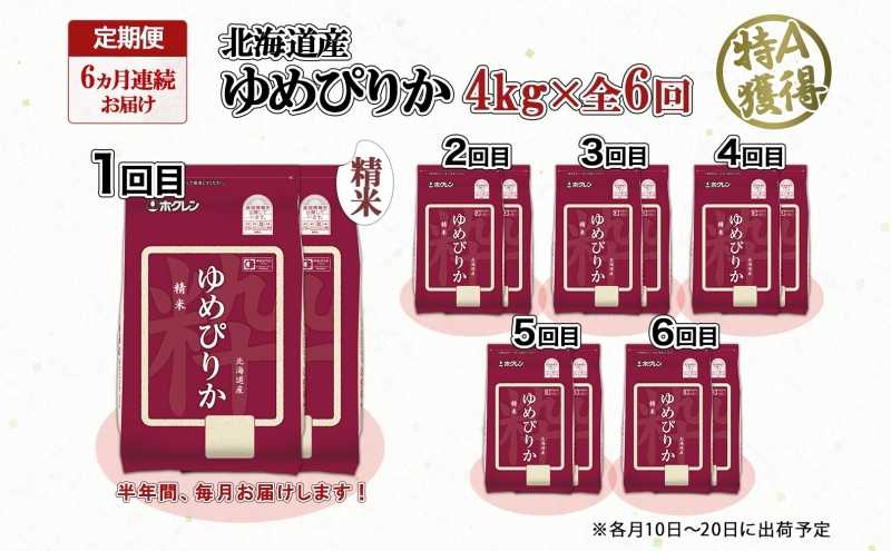 定期便 6ヵ月連続6回 北海道産 ゆめぴりか 精米 4kg 米 特A 獲得 白米 ごはん 道産 4キロ 2kg ×2袋 小分け お米 ご飯 米 北海道米 ようてい農業協同組合 ホクレン 送料無料 北海