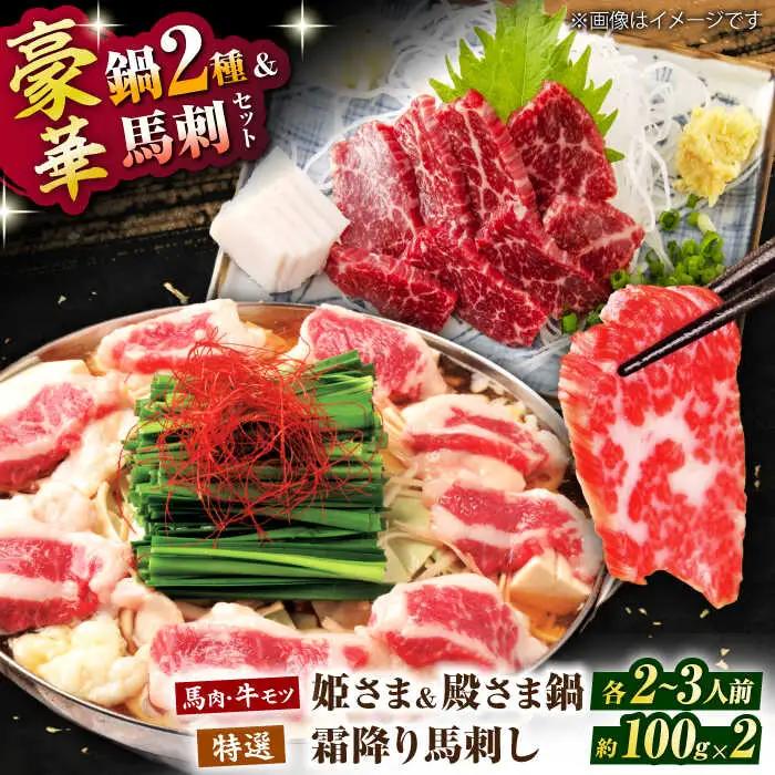 特製味噌スープ「殿さま鍋」と美肌醤油スープ「姫さま鍋」のWセットと特選霜降り馬刺しの豪華極上詰め合わせセット（鍋：各2?3人前、馬刺し：約100g×2）【オルガニコ山鹿】[ZFH004]