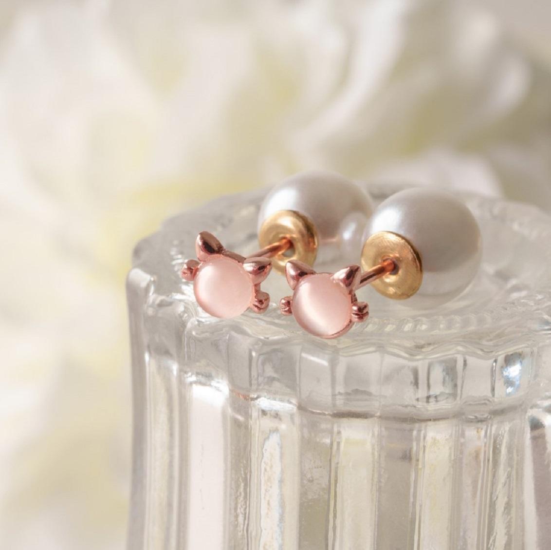 2way　ピアス　小さめ　さりげない　猫モチーフ　紫陽花　ピンク　猫好き　ミニピアス　かわいい　おしゃれ　プレゼント　ギフト　パール　あじさい　アクセサリー CM010